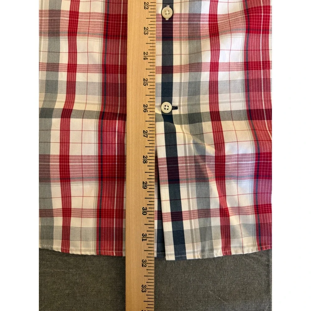 Banana Republic Men L Camden Fit Non-Iron Plaid Button Down Shirt Red Navy White